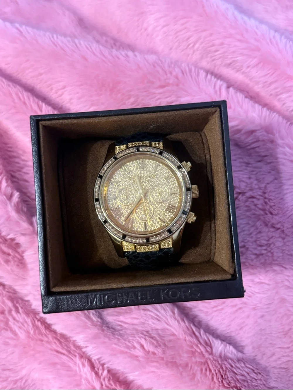 Michael Kors Gold Crystal Dial Unisex Watch with Black Leather Strap